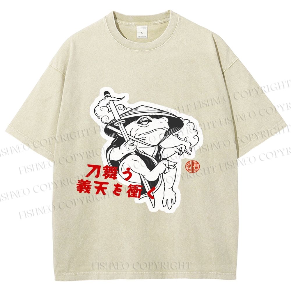 Unisex Japanese Vintage Frog Samurai Smoking Printed Washed Tee