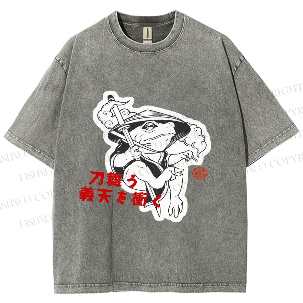 Unisex Japanese Vintage Frog Samurai Smoking Printed Washed Tee