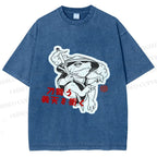 Unisex Japanese Vintage Frog Samurai Smoking Printed Washed Tee