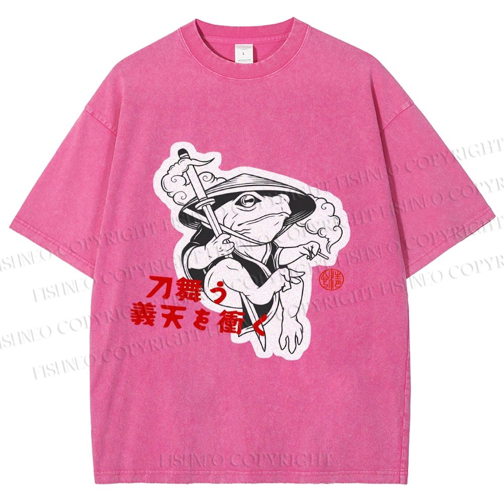 Unisex Japanese Vintage Frog Samurai Smoking Printed Washed Tee