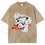 Unisex Japanese Vintage Frog Samurai Smoking Printed Washed Tee