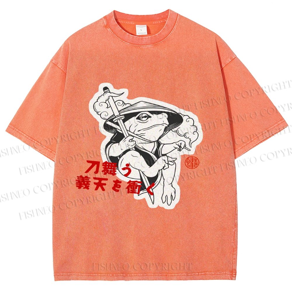 Unisex Japanese Vintage Frog Samurai Smoking Printed Washed Tee