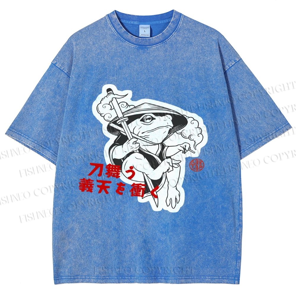 Unisex Japanese Vintage Frog Samurai Smoking Printed Washed Tee