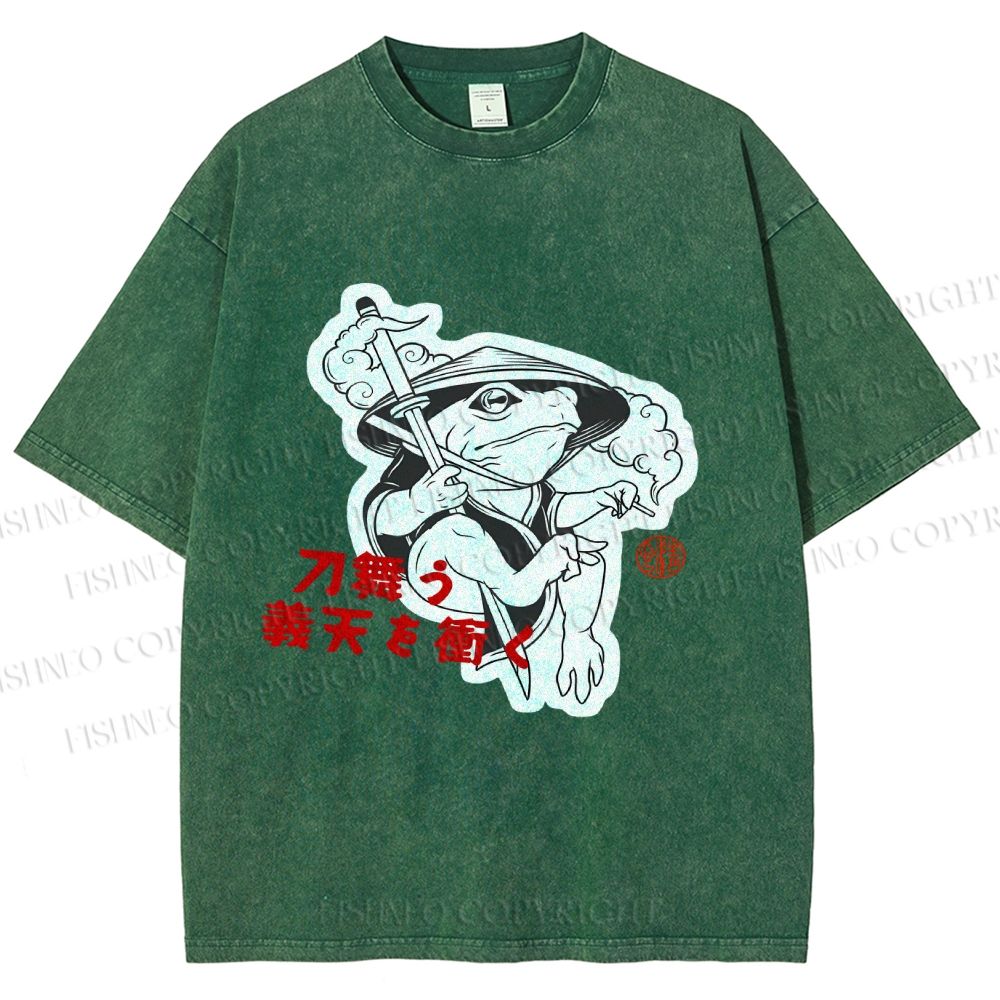 Unisex Japanese Vintage Frog Samurai Smoking Printed Washed Tee