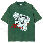 Unisex Japanese Vintage Frog Samurai Smoking Printed Washed Tee
