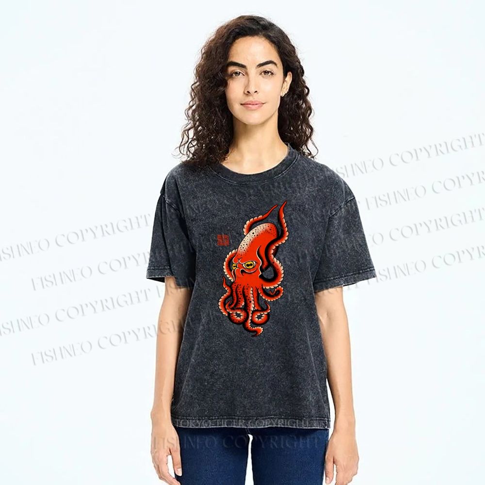 Unisex Vintage Octopus Printed Washed Tee