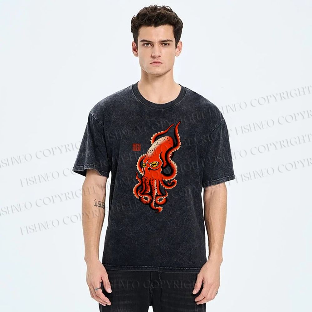 Unisex Vintage Octopus Printed Washed Tee