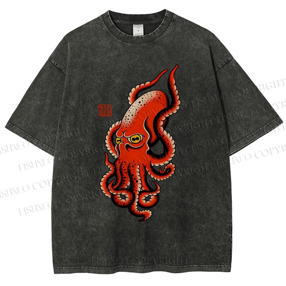 Unisex Vintage Octopus Printed Washed Tee