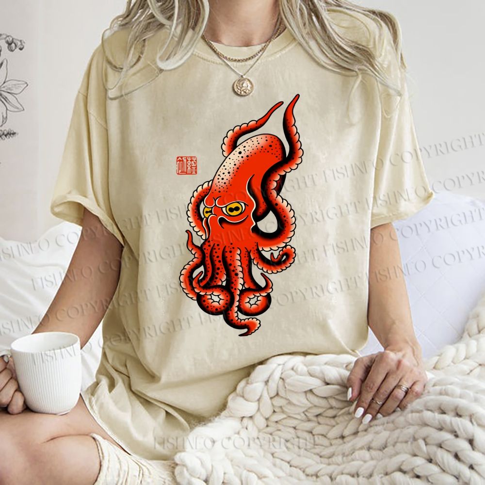 Unisex Vintage Octopus Printed Washed Tee