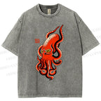 Unisex Vintage Octopus Printed Washed Tee