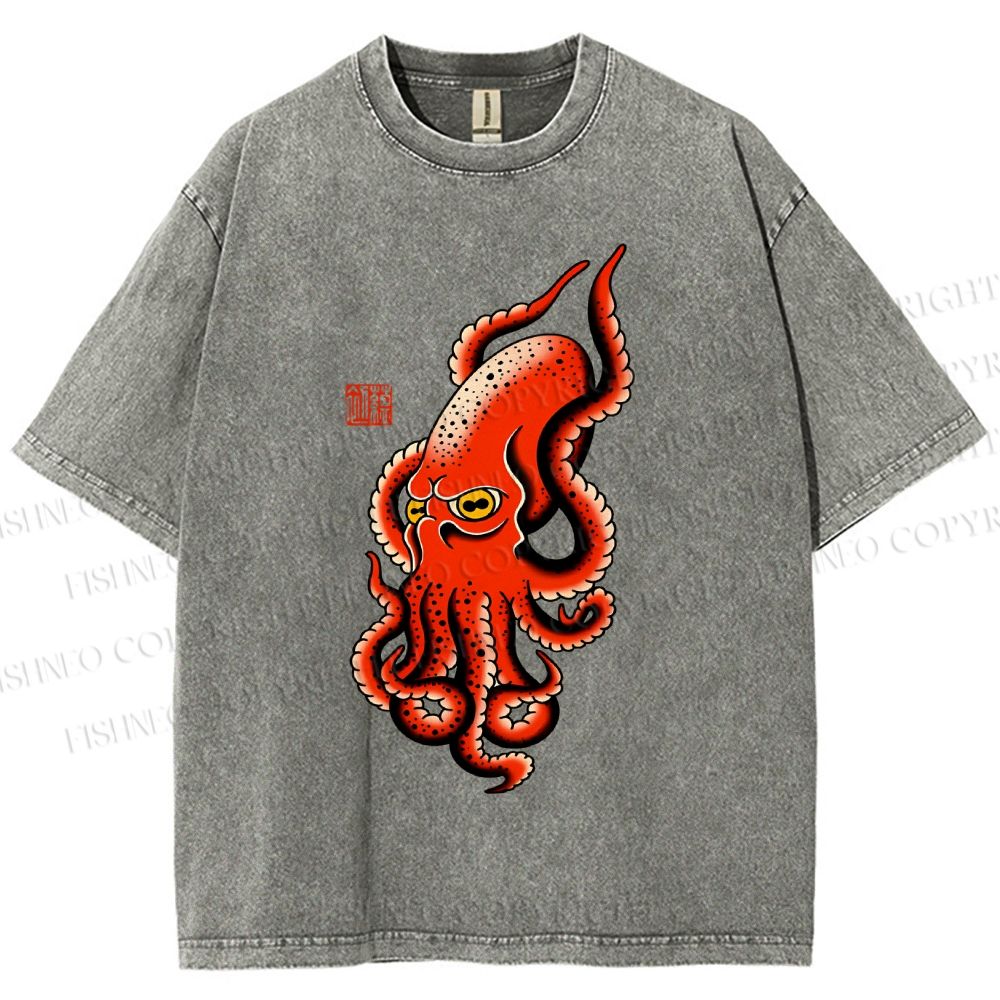 Unisex Vintage Octopus Printed Washed Tee