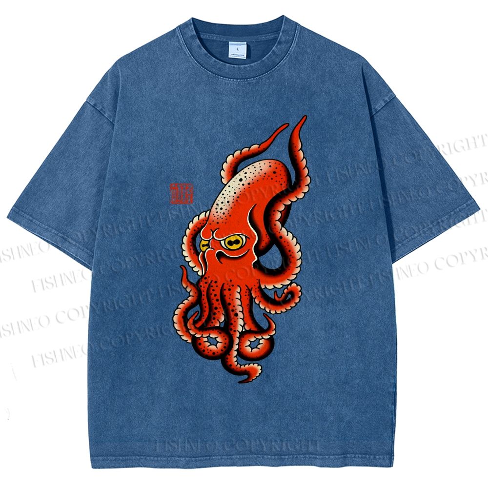 Unisex Vintage Octopus Printed Washed Tee