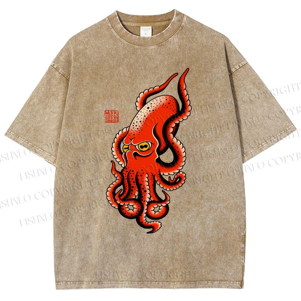 Unisex Vintage Octopus Printed Washed Tee