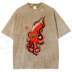 Unisex Vintage Octopus Printed Washed Tee