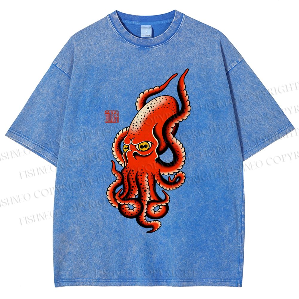 Unisex Vintage Octopus Printed Washed Tee