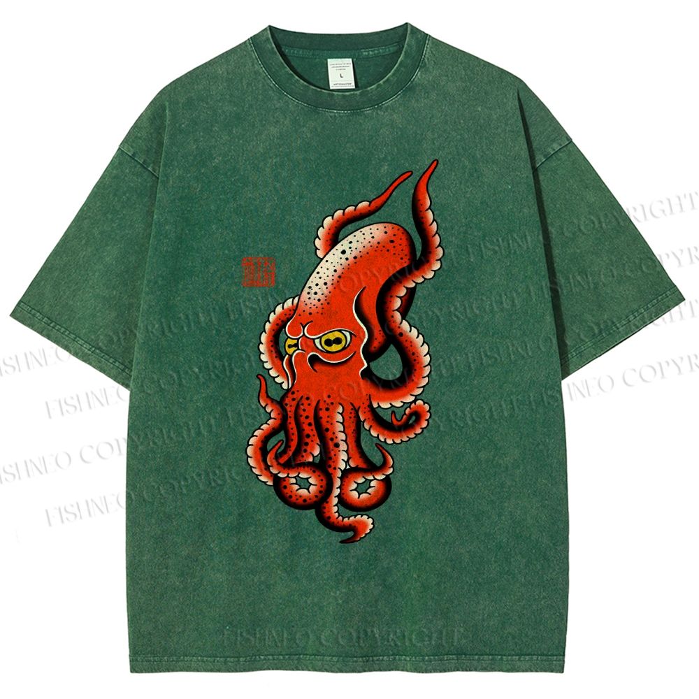 Unisex Vintage Octopus Printed Washed Tee