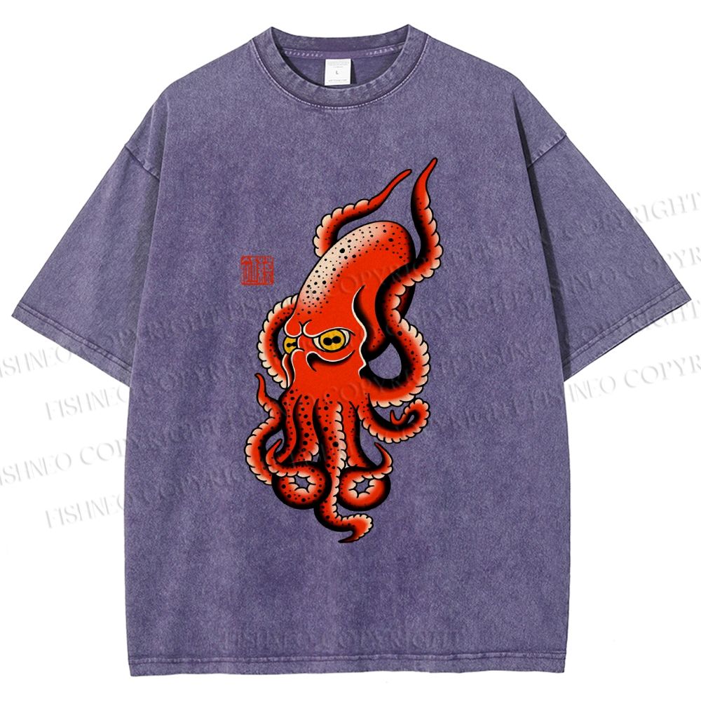 Unisex Vintage Octopus Printed Washed Tee