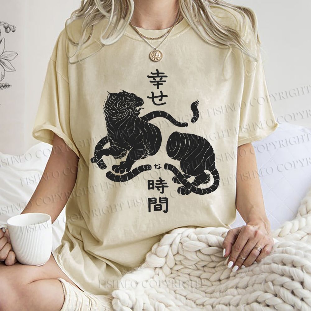 Unisex Japanese Tiger Graffiti Printed Washed Tee