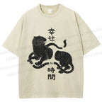 Unisex Japanese Tiger Graffiti Printed Washed Tee