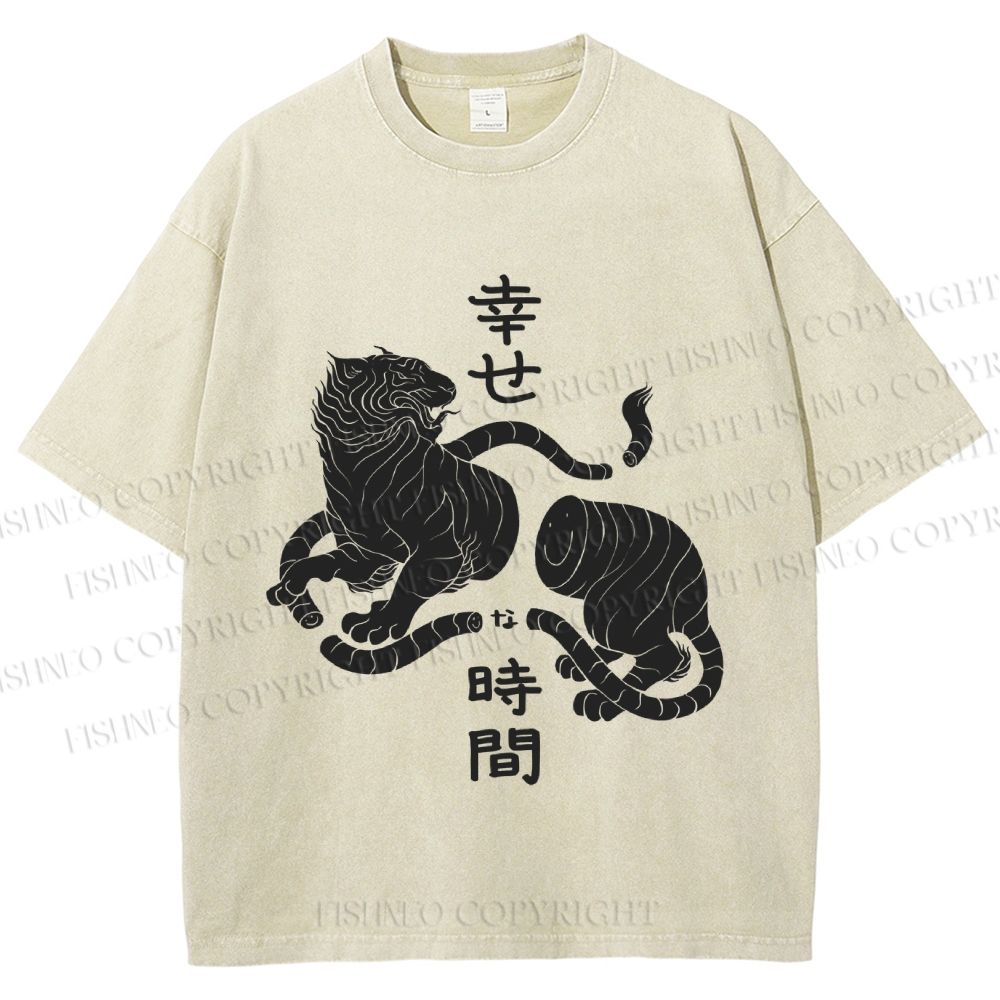 Unisex Japanese Tiger Graffiti Printed Washed Tee