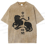 Unisex Japanese Tiger Graffiti Printed Washed Tee