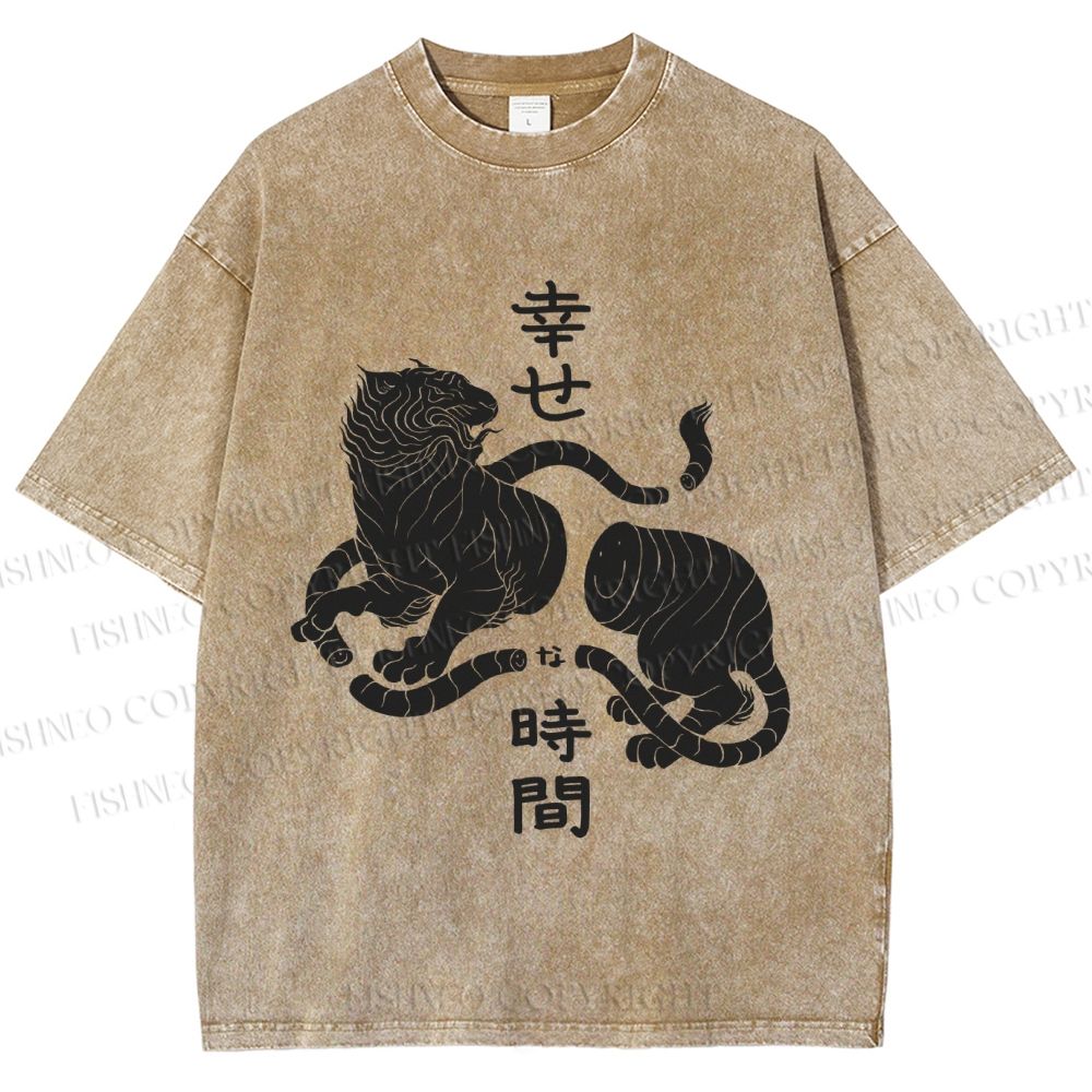 Unisex Japanese Tiger Graffiti Printed Washed Tee