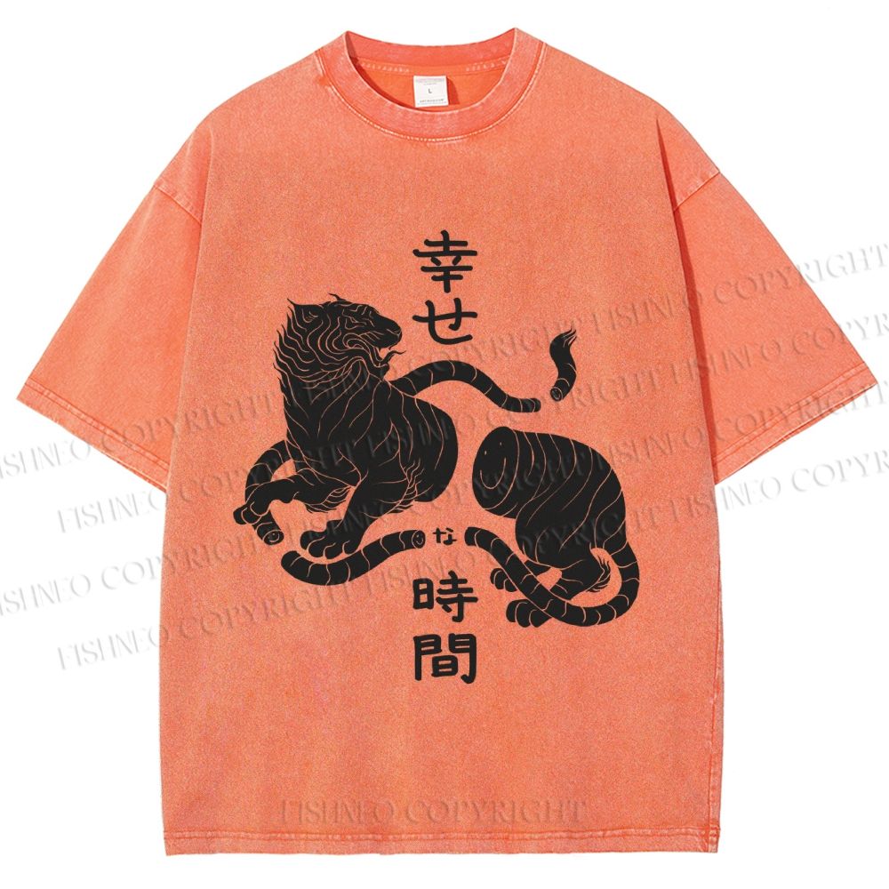 Unisex Japanese Tiger Graffiti Printed Washed Tee