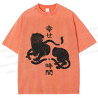 Unisex Japanese Tiger Graffiti Printed Washed Tee