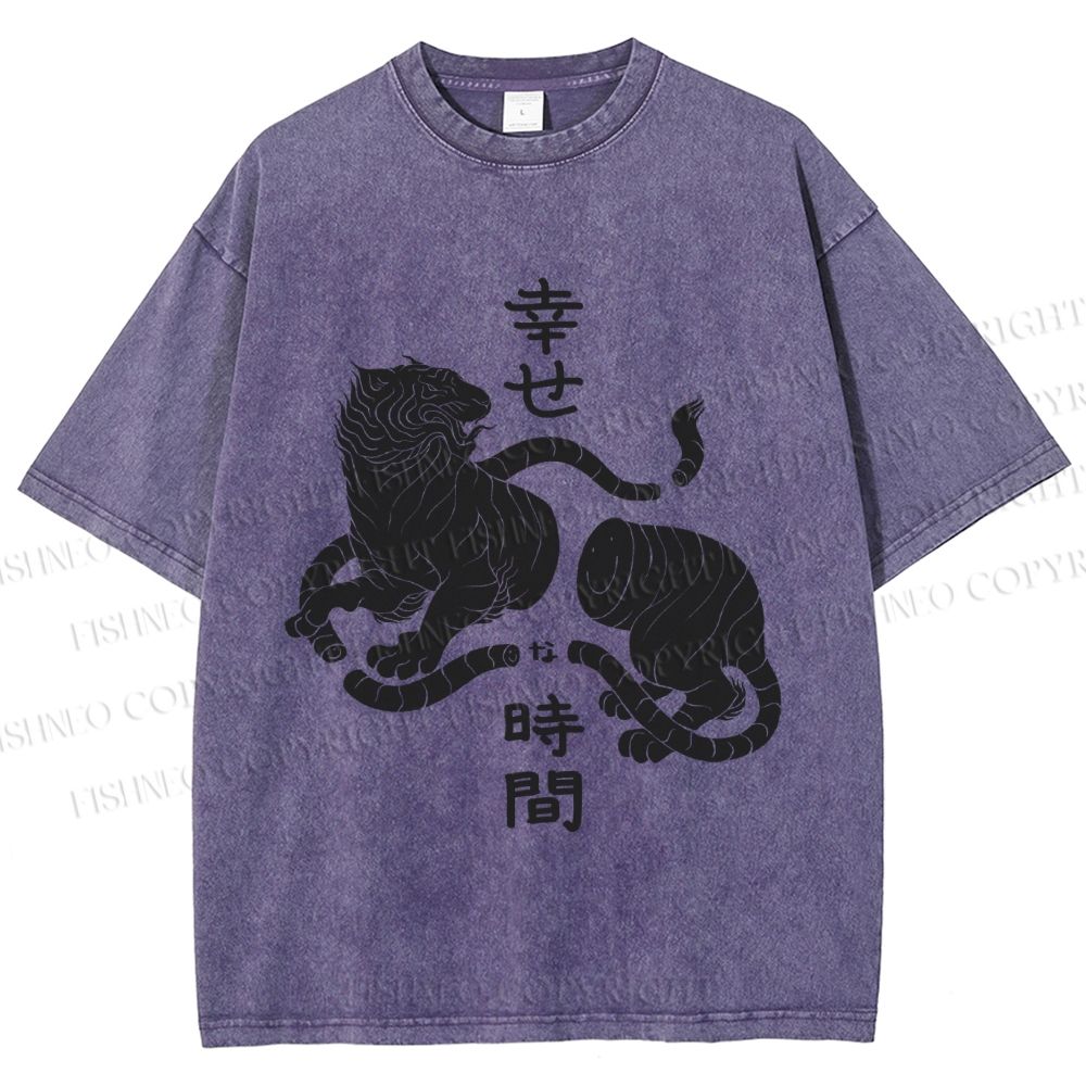 Unisex Japanese Tiger Graffiti Printed Washed Tee