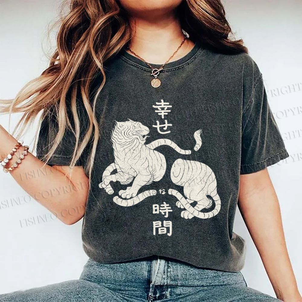 Unisex Japanese Tiger Graffiti Printed Washed Tee