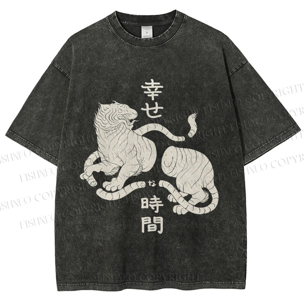 Unisex Japanese Tiger Graffiti Printed Washed Tee