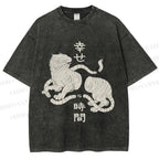 Unisex Japanese Tiger Graffiti Printed Washed Tee