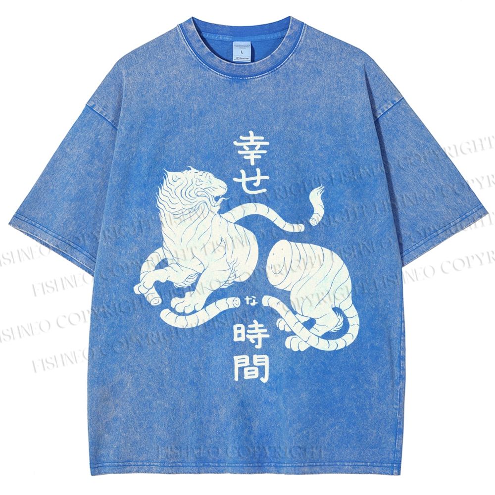 Unisex Japanese Tiger Graffiti Printed Washed Tee
