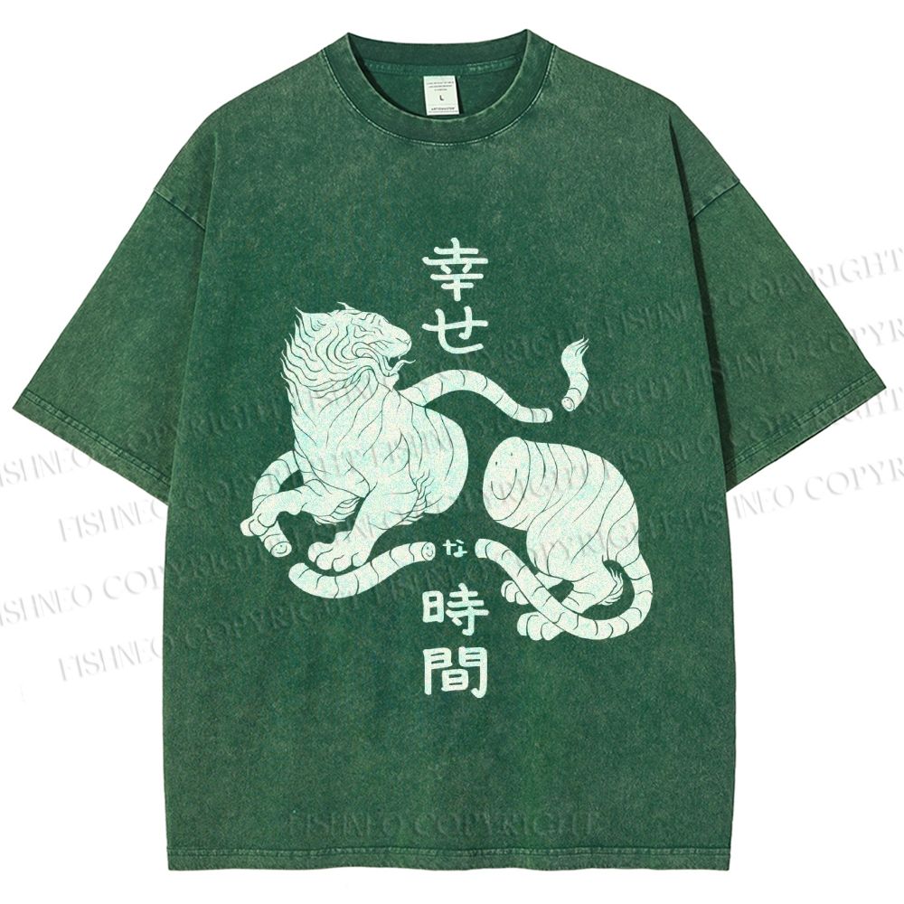 Unisex Japanese Tiger Graffiti Printed Washed Tee
