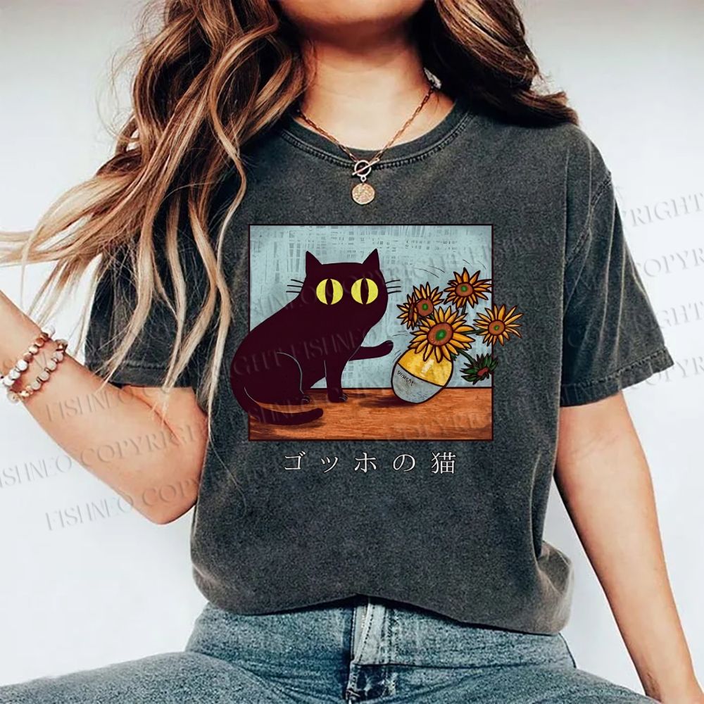Unisex Cat Printed Washed Tee