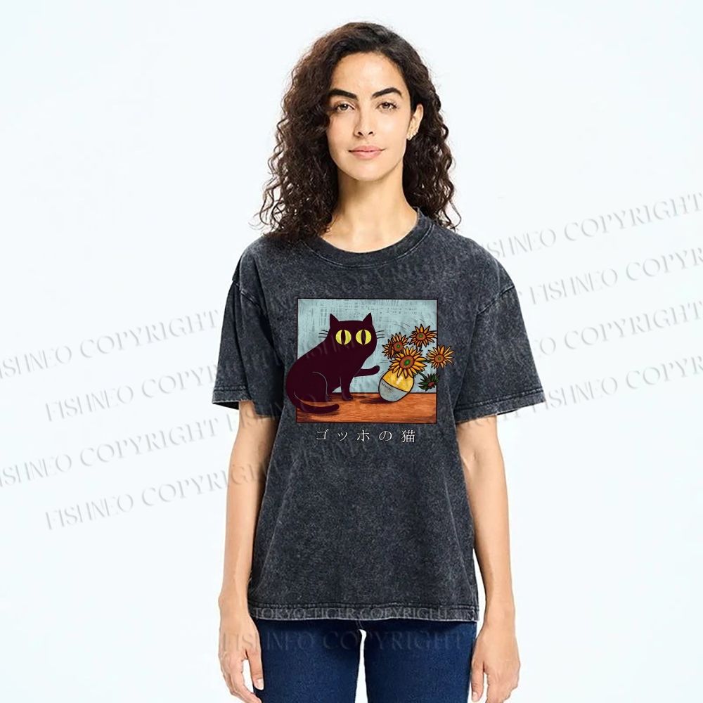 Unisex Cat Printed Washed Tee