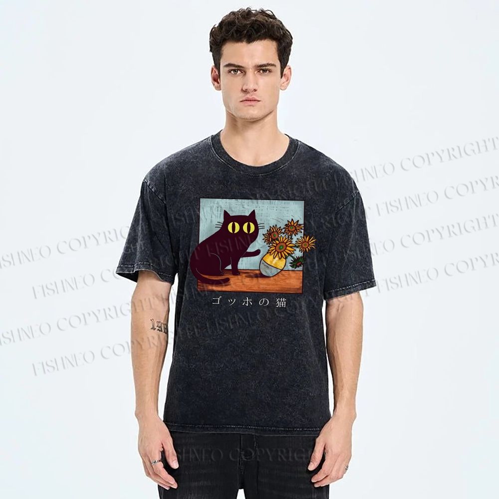 Unisex Cat Printed Washed Tee