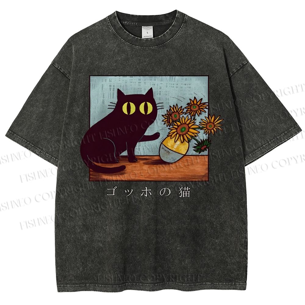 Unisex Cat Printed Washed Tee