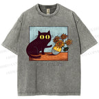Unisex Cat Printed Washed Tee