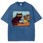 Unisex Cat Printed Washed Tee