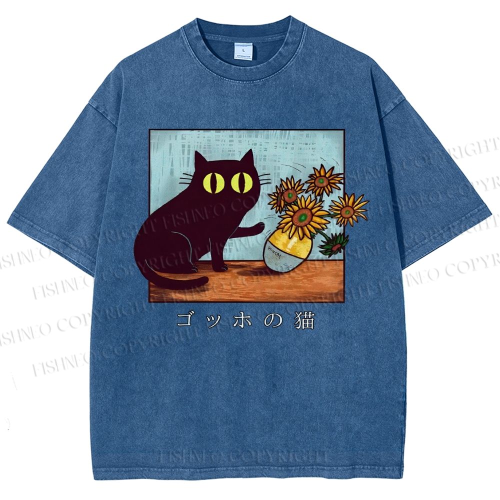 Unisex Cat Printed Washed Tee