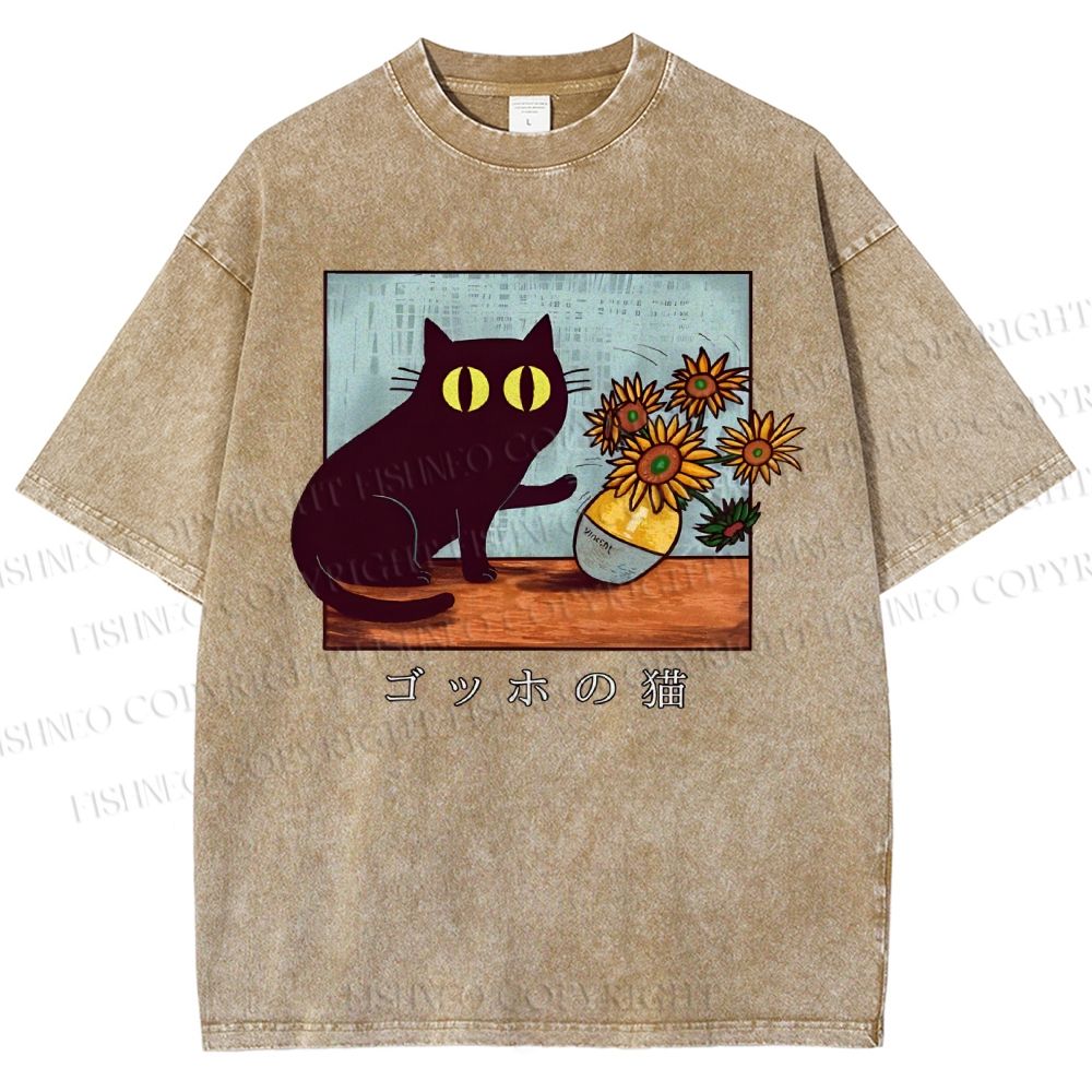 Unisex Cat Printed Washed Tee