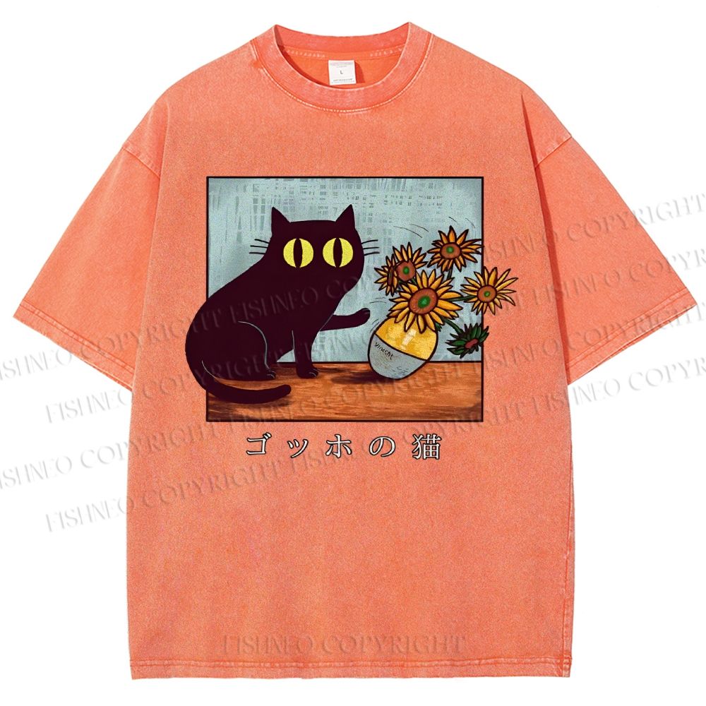 Unisex Cat Printed Washed Tee