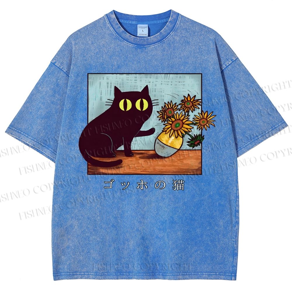 Unisex Cat Printed Washed Tee
