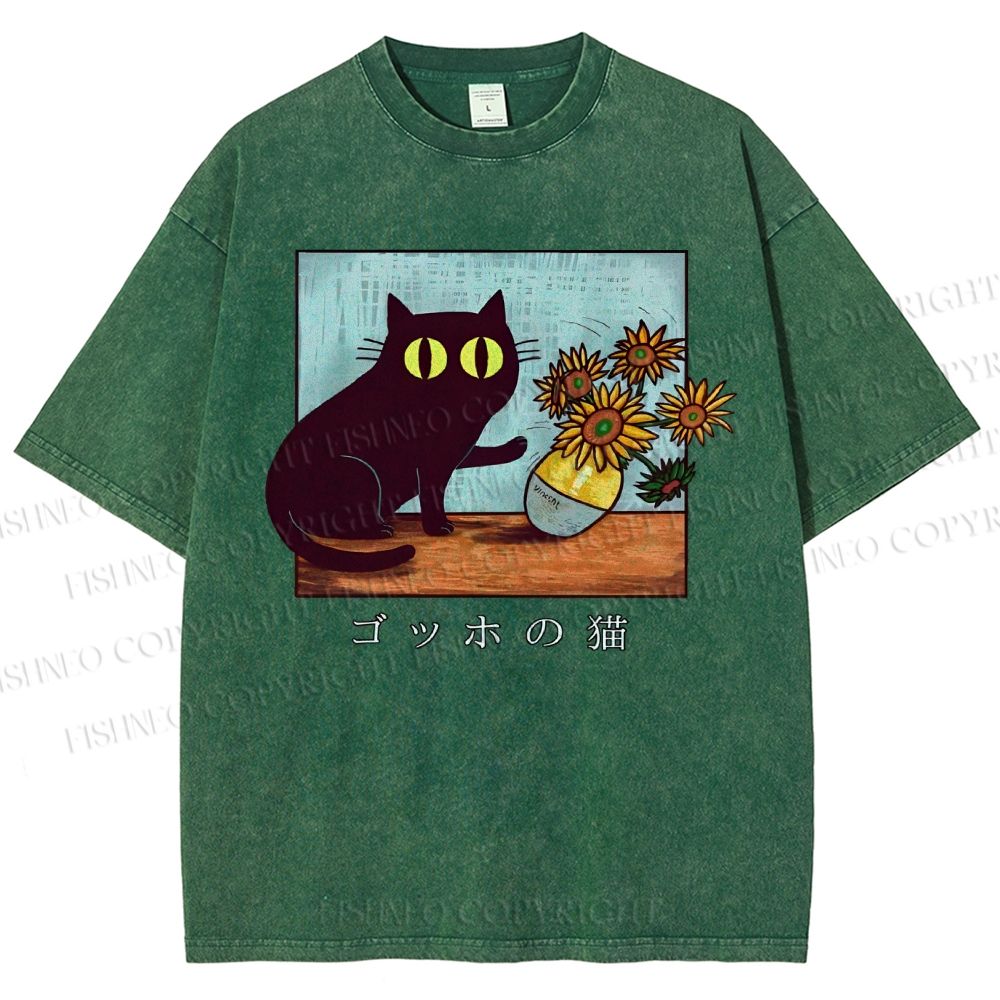 Unisex Cat Printed Washed Tee