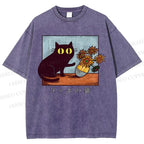 Unisex Cat Printed Washed Tee