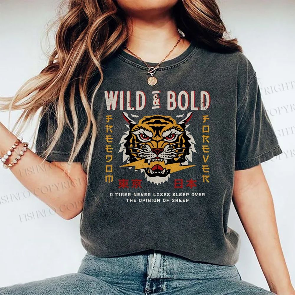 Unisex Japanese Wild Tiger Printed Washed Tee
