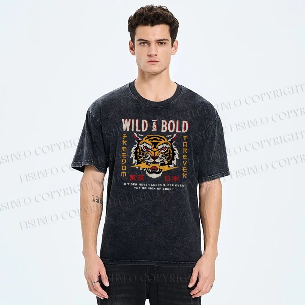 Unisex Japanese Wild Tiger Printed Washed Tee