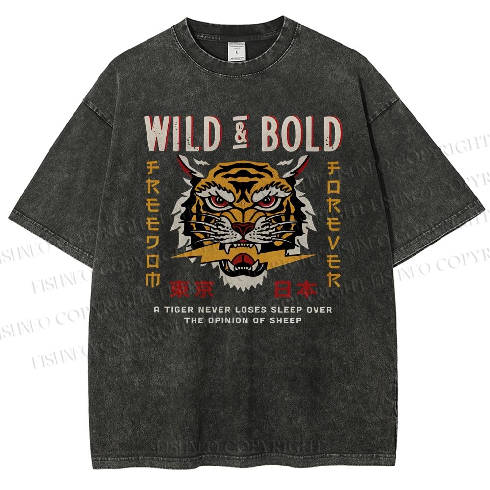 Unisex Japanese Wild Tiger Printed Washed Tee