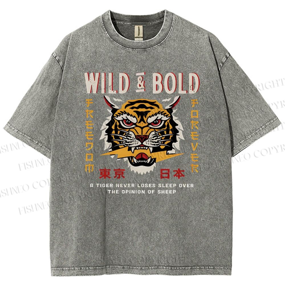 Unisex Japanese Wild Tiger Printed Washed Tee